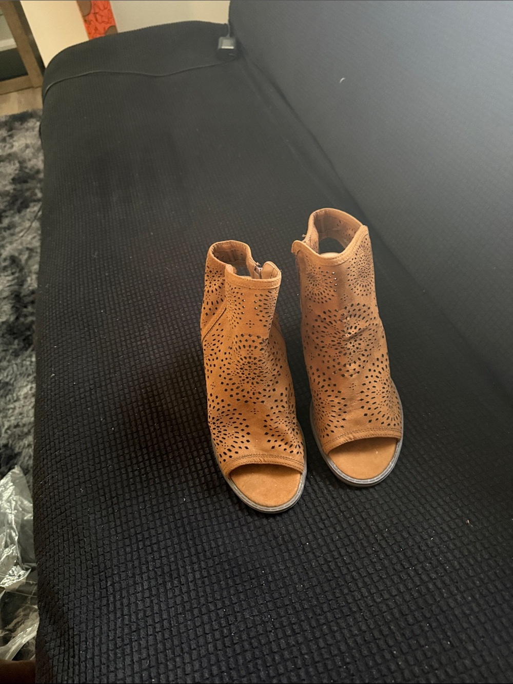 Open-Toe Perforated Ankle Booties - Tan Suede
